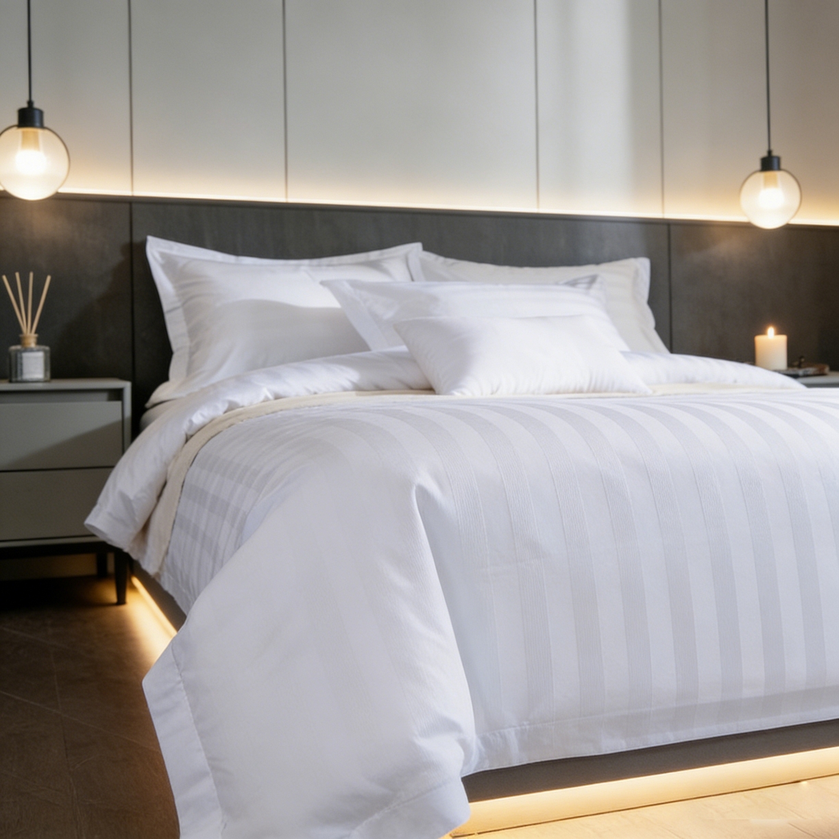 91家纺网 家纺一手货源 找家纺 （总）宜眠家纺 2026高端新款连锁酒店四件套60支全棉纯棉缎条五星级酒店宾馆四件套