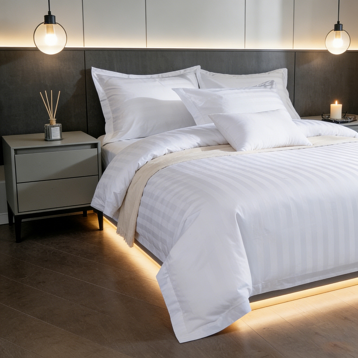 91家纺网 家纺一手货源 找家纺 （总）宜眠家纺 2026高端新款连锁酒店四件套60支全棉纯棉缎条五星级酒店宾馆四件套