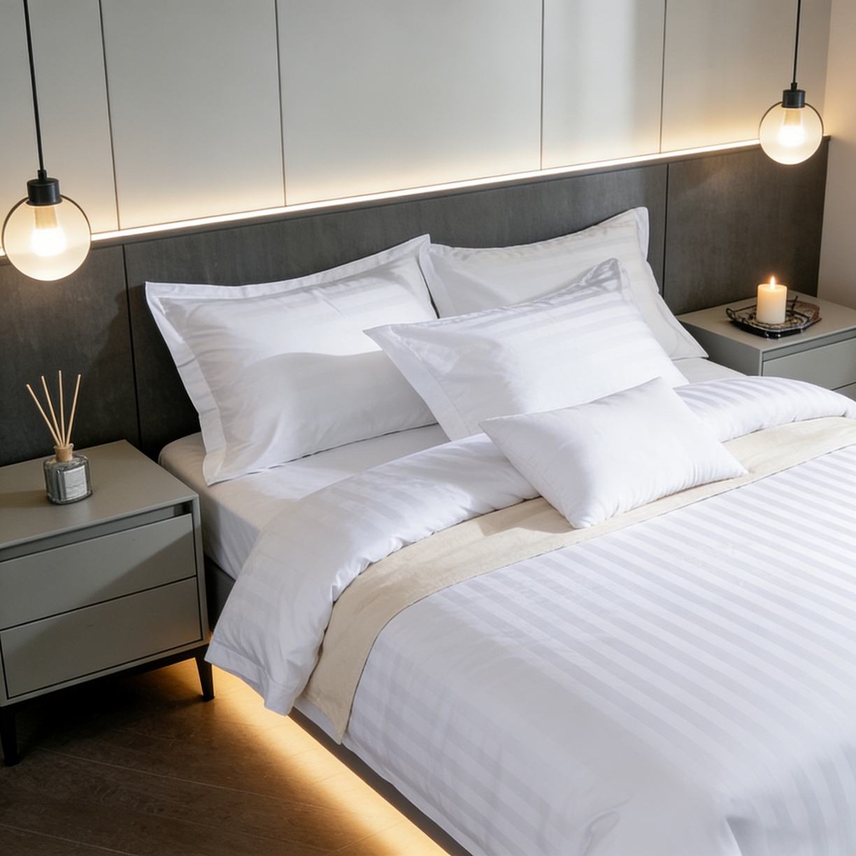 91家纺网 家纺一手货源 找家纺 （总）宜眠家纺 2026高端新款连锁酒店四件套60支全棉纯棉缎条五星级酒店宾馆四件套