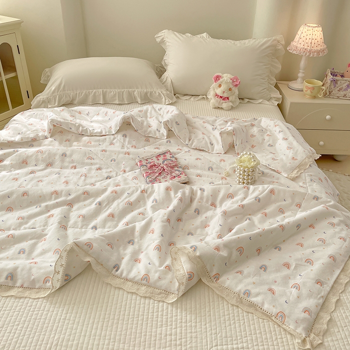 91家纺网 家纺一手货源 找家纺 yyds网供 2026新款A类法式花卉小清新全棉纯棉双层纱花边夏被夏凉被空调被 彩虹梦