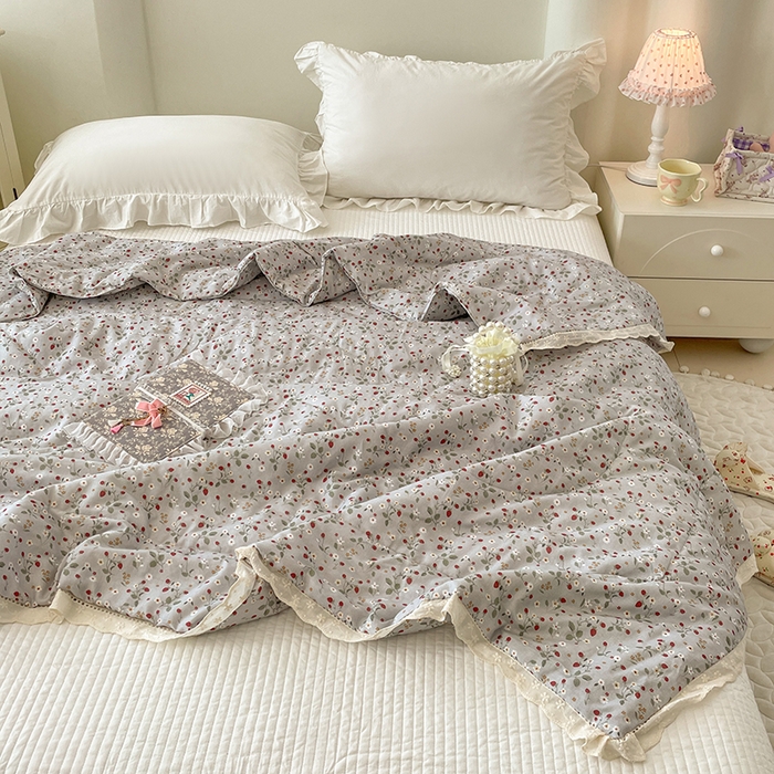 91家纺网 家纺一手货源 找家纺 yyds网供 2026新款A类法式花卉小清新全棉纯棉双层纱花边夏被夏凉被空调被 雏菊灰