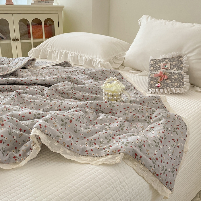 91家纺网 家纺一手货源 找家纺 yyds网供 2026新款A类法式花卉小清新全棉纯棉双层纱花边夏被夏凉被空调被 雏菊灰