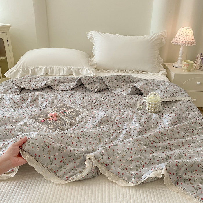 91家纺网 家纺一手货源 找家纺 yyds网供 2026新款A类法式花卉小清新全棉纯棉双层纱花边夏被夏凉被空调被 雏菊灰