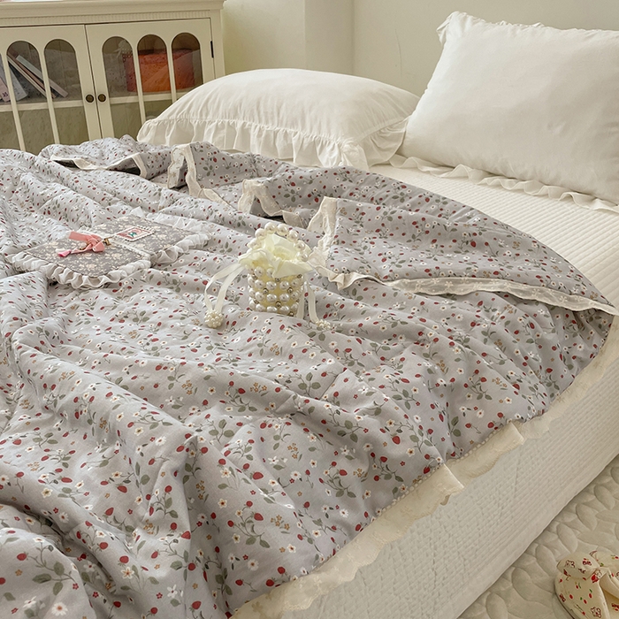 91家纺网 家纺一手货源 找家纺 yyds网供 2026新款A类法式花卉小清新全棉纯棉双层纱花边夏被夏凉被空调被 雏菊灰