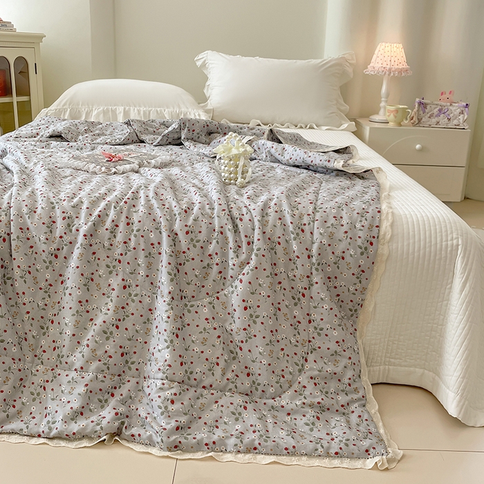 91家纺网 家纺一手货源 找家纺 yyds网供 2026新款A类法式花卉小清新全棉纯棉双层纱花边夏被夏凉被空调被 雏菊灰