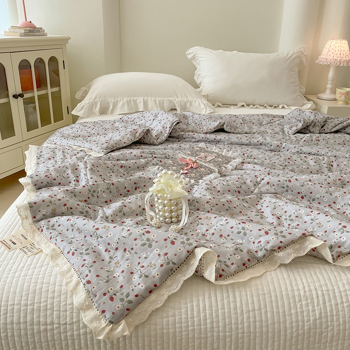 91家纺网 家纺一手货源 找家纺 yyds网供 2026新款A类法式花卉小清新全棉纯棉双层纱花边夏被夏凉被空调被 雏菊灰