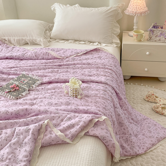 91家纺网 家纺一手货源 找家纺 yyds网供 2026新款A类法式花卉小清新全棉纯棉双层纱花边夏被夏凉被空调被 花季紫