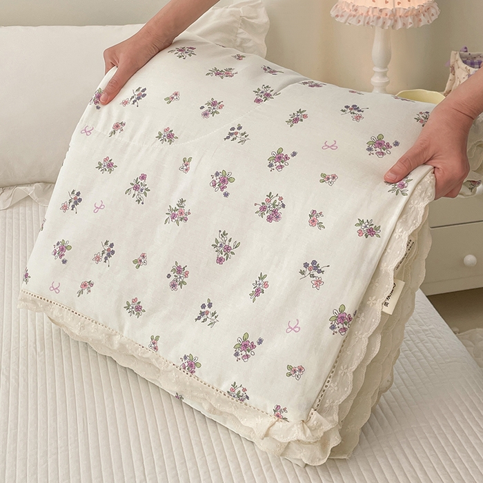 yyds网供 2026新款A类法式花卉小清新全棉纯棉双层纱花边夏被夏凉被空调被 蔷薇白