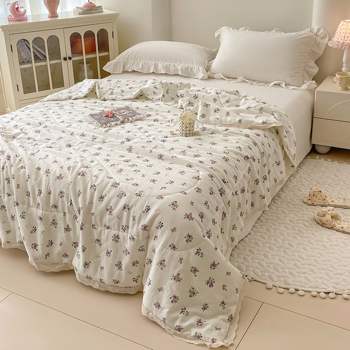 91家纺网 家纺一手货源 找家纺 yyds网供 2026新款A类法式花卉小清新全棉纯棉双层纱花边夏被夏凉被空调被 蔷薇白