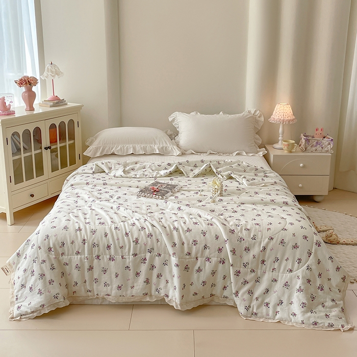 91家纺网 家纺一手货源 找家纺 yyds网供 2026新款A类法式花卉小清新全棉纯棉双层纱花边夏被夏凉被空调被 蔷薇白