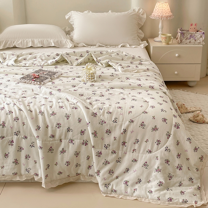 91家纺网 家纺一手货源 找家纺 yyds网供 2026新款A类法式花卉小清新全棉纯棉双层纱花边夏被夏凉被空调被 蔷薇白