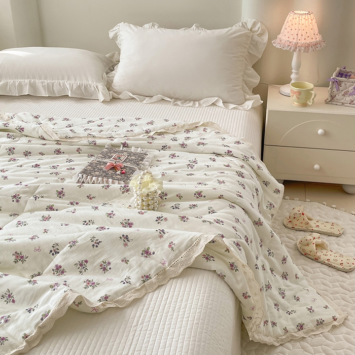 91家纺网 家纺一手货源 找家纺 yyds网供 2026新款A类法式花卉小清新全棉纯棉双层纱花边夏被夏凉被空调被 蔷薇白