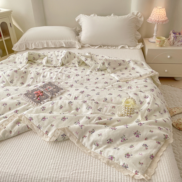 91家纺网 家纺一手货源 找家纺 yyds网供 2026新款A类法式花卉小清新全棉纯棉双层纱花边夏被夏凉被空调被 蔷薇白