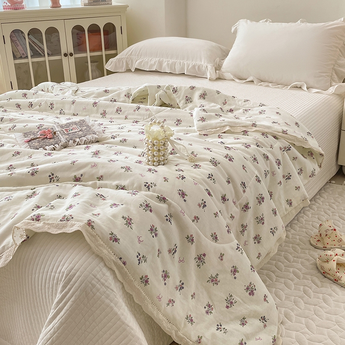91家纺网 家纺一手货源 找家纺 yyds网供 2026新款A类法式花卉小清新全棉纯棉双层纱花边夏被夏凉被空调被 蔷薇白