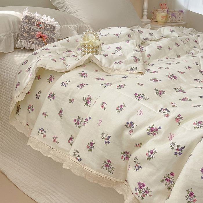 91家纺网 家纺一手货源 找家纺 yyds网供 2026新款A类法式花卉小清新全棉纯棉双层纱花边夏被夏凉被空调被 蔷薇白