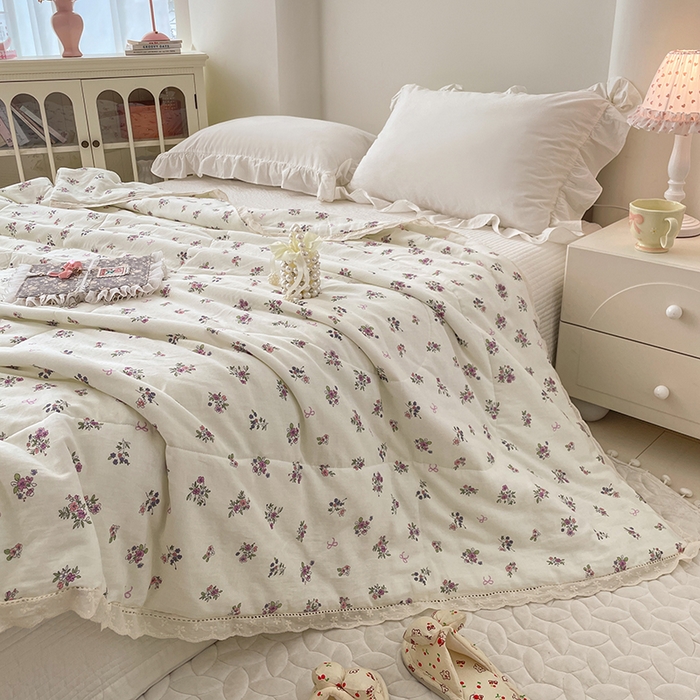 91家纺网 家纺一手货源 找家纺 yyds网供 2026新款A类法式花卉小清新全棉纯棉双层纱花边夏被夏凉被空调被 蔷薇白