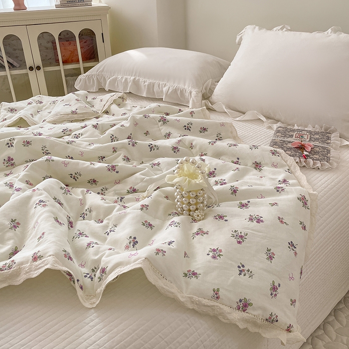 91家纺网 家纺一手货源 找家纺 yyds网供 2026新款A类法式花卉小清新全棉纯棉双层纱花边夏被夏凉被空调被 蔷薇白