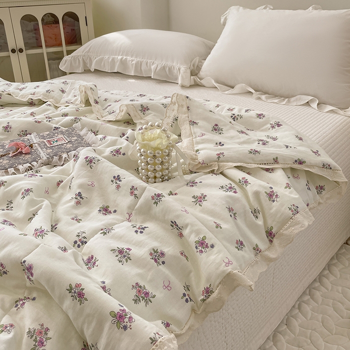 91家纺网 家纺一手货源 找家纺 yyds网供 2026新款A类法式花卉小清新全棉纯棉双层纱花边夏被夏凉被空调被 蔷薇白