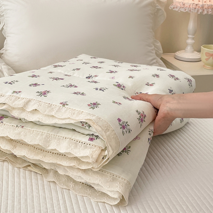 91家纺网 家纺一手货源 找家纺 yyds网供 2026新款A类法式花卉小清新全棉纯棉双层纱花边夏被夏凉被空调被 蔷薇白