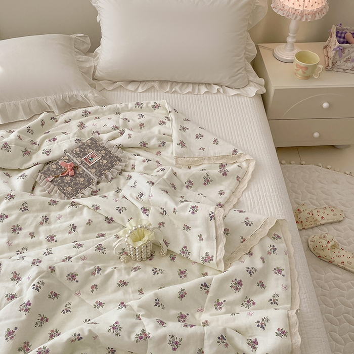 91家纺网 家纺一手货源 找家纺 yyds网供 2026新款A类法式花卉小清新全棉纯棉双层纱花边夏被夏凉被空调被 蔷薇白