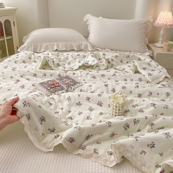 91家纺网 家纺一手货源 找家纺 yyds网供 2026新款A类法式花卉小清新全棉纯棉双层纱花边夏被夏凉被空调被 蔷薇白