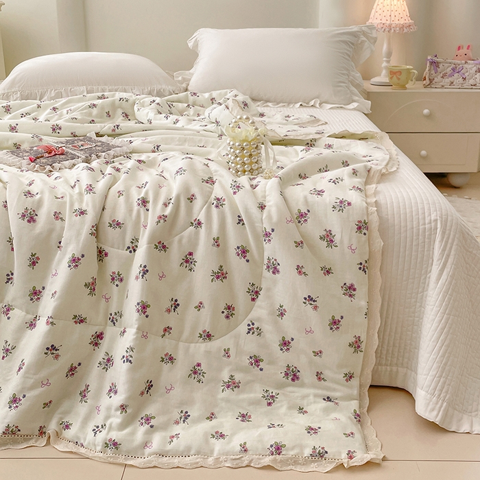 91家纺网 家纺一手货源 找家纺 yyds网供 2026新款A类法式花卉小清新全棉纯棉双层纱花边夏被夏凉被空调被 蔷薇白