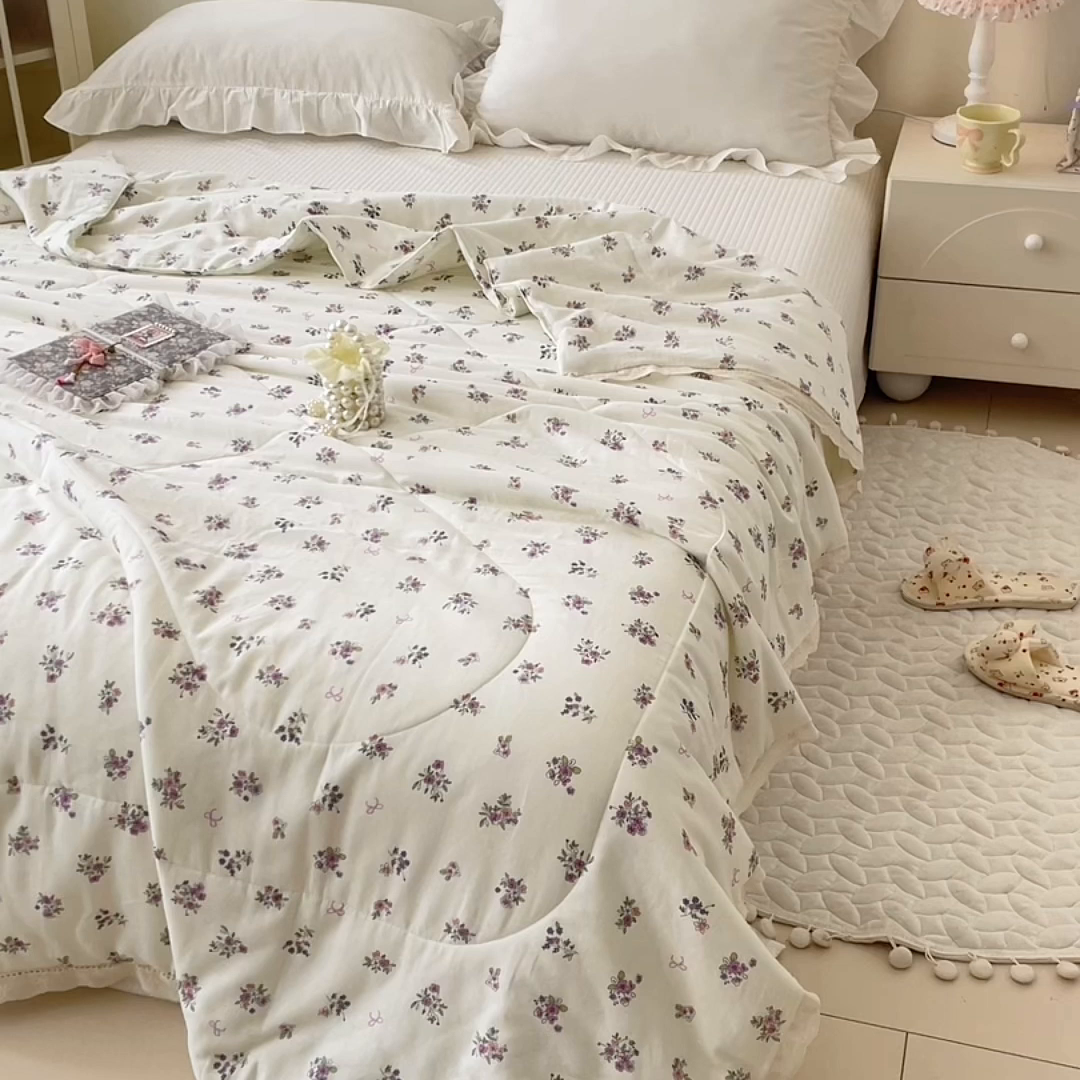 91家纺网 家纺一手货源 找家纺 yyds网供 2026新款A类法式花卉小清新全棉纯棉双层纱花边夏被夏凉被空调被 蔷薇白