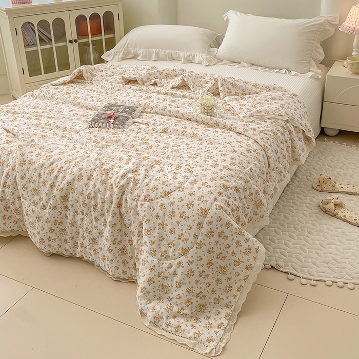 91家纺网 家纺一手货源 找家纺 yyds网供 2026新款A类法式花卉小清新全棉纯棉双层纱花边夏被夏凉被空调被 石竹花