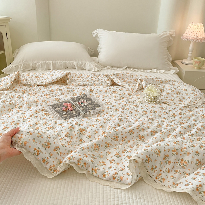 91家纺网 家纺一手货源 找家纺 yyds网供 2026新款A类法式花卉小清新全棉纯棉双层纱花边夏被夏凉被空调被 石竹花