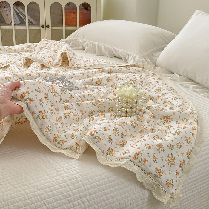 91家纺网 家纺一手货源 找家纺 yyds网供 2026新款A类法式花卉小清新全棉纯棉双层纱花边夏被夏凉被空调被 石竹花