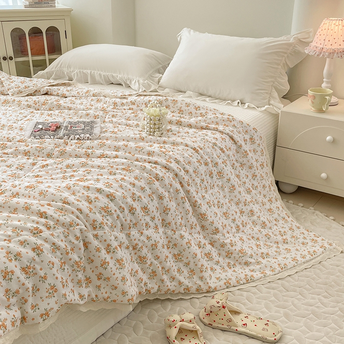 91家纺网 家纺一手货源 找家纺 yyds网供 2026新款A类法式花卉小清新全棉纯棉双层纱花边夏被夏凉被空调被 石竹花