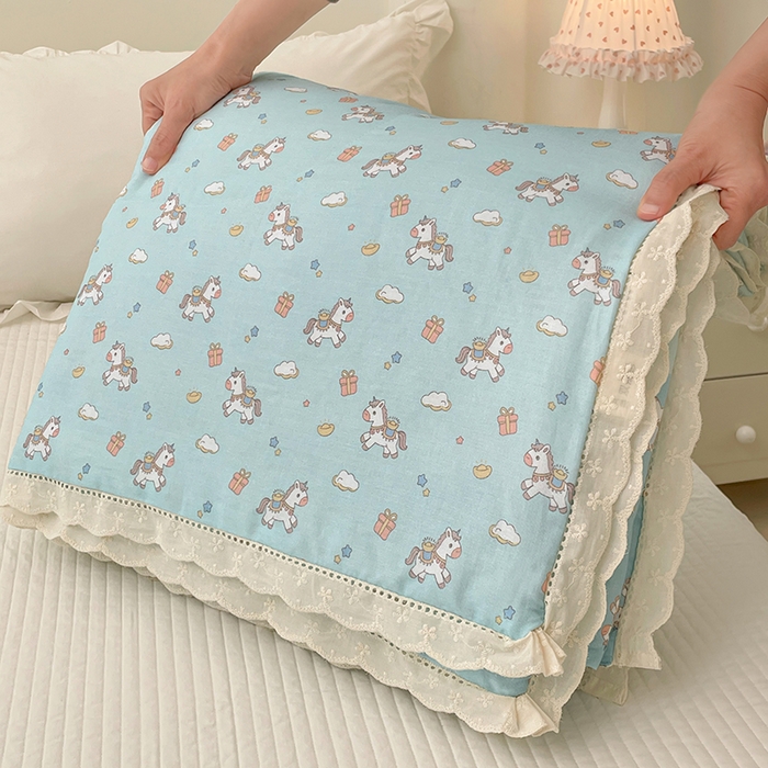 yyds网供 2026新款A类法式花卉小清新全棉纯棉双层纱花边夏被夏凉被空调被 小蓝马