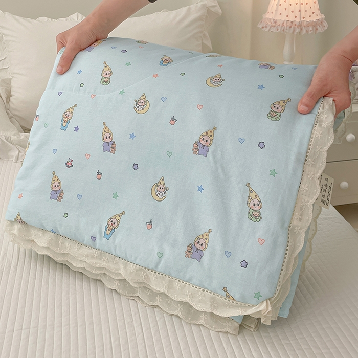 yyds网供 2026新款A类法式花卉小清新全棉纯棉双层纱花边夏被夏凉被空调被 星月蓝