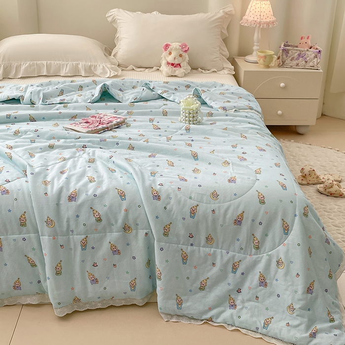 91家纺网 家纺一手货源 找家纺 yyds网供 2026新款A类法式花卉小清新全棉纯棉双层纱花边夏被夏凉被空调被 星月蓝