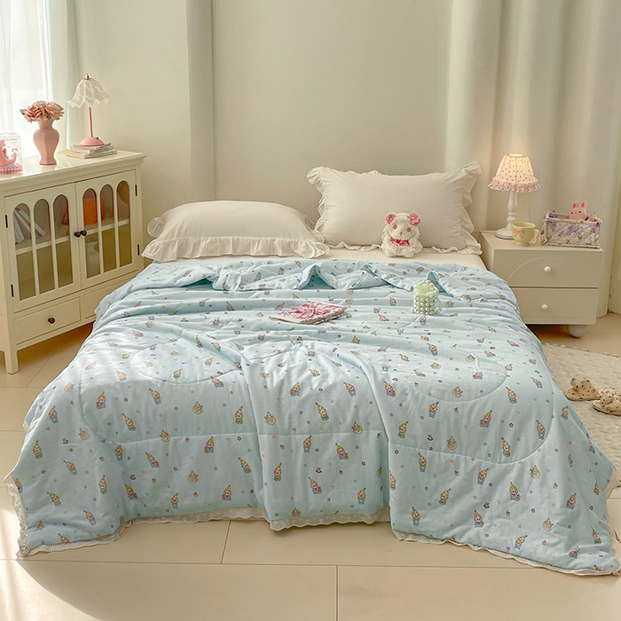 91家纺网 家纺一手货源 找家纺 yyds网供 2026新款A类法式花卉小清新全棉纯棉双层纱花边夏被夏凉被空调被 星月蓝