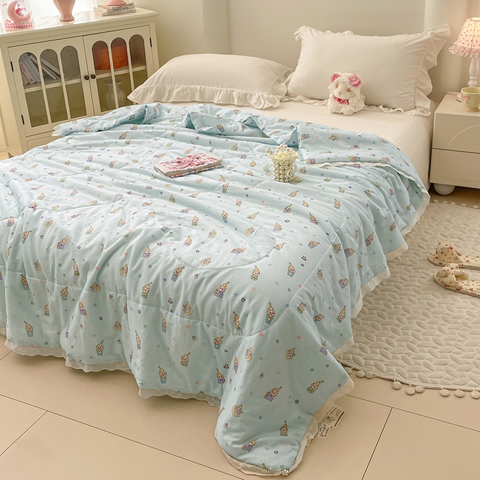 91家纺网 家纺一手货源 找家纺 yyds网供 2026新款A类法式花卉小清新全棉纯棉双层纱花边夏被夏凉被空调被 星月蓝