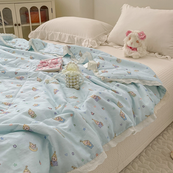 91家纺网 家纺一手货源 找家纺 yyds网供 2026新款A类法式花卉小清新全棉纯棉双层纱花边夏被夏凉被空调被 星月蓝