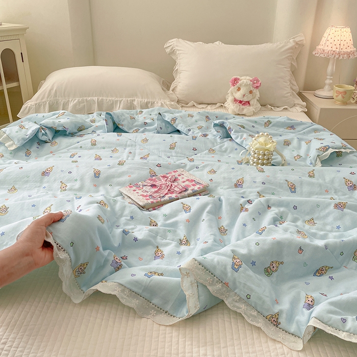 91家纺网 家纺一手货源 找家纺 yyds网供 2026新款A类法式花卉小清新全棉纯棉双层纱花边夏被夏凉被空调被 星月蓝