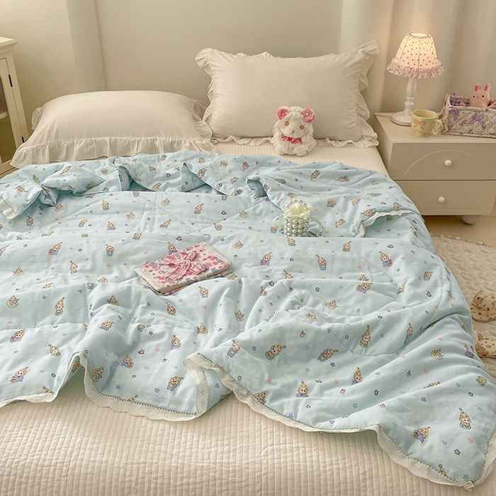 91家纺网 家纺一手货源 找家纺 yyds网供 2026新款A类法式花卉小清新全棉纯棉双层纱花边夏被夏凉被空调被 星月蓝