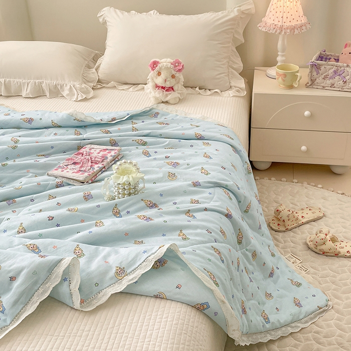 91家纺网 家纺一手货源 找家纺 yyds网供 2026新款A类法式花卉小清新全棉纯棉双层纱花边夏被夏凉被空调被 星月蓝