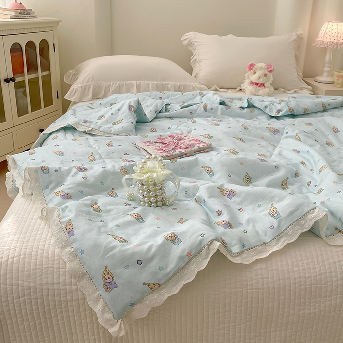 91家纺网 家纺一手货源 找家纺 yyds网供 2026新款A类法式花卉小清新全棉纯棉双层纱花边夏被夏凉被空调被 星月蓝