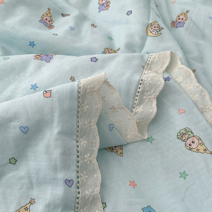 91家纺网 家纺一手货源 找家纺 yyds网供 2026新款A类法式花卉小清新全棉纯棉双层纱花边夏被夏凉被空调被 星月蓝