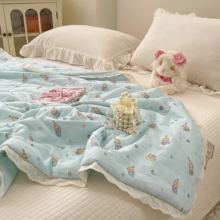 91家纺网 家纺一手货源 找家纺 yyds网供 2026新款A类法式花卉小清新全棉纯棉双层纱花边夏被夏凉被空调被 星月蓝