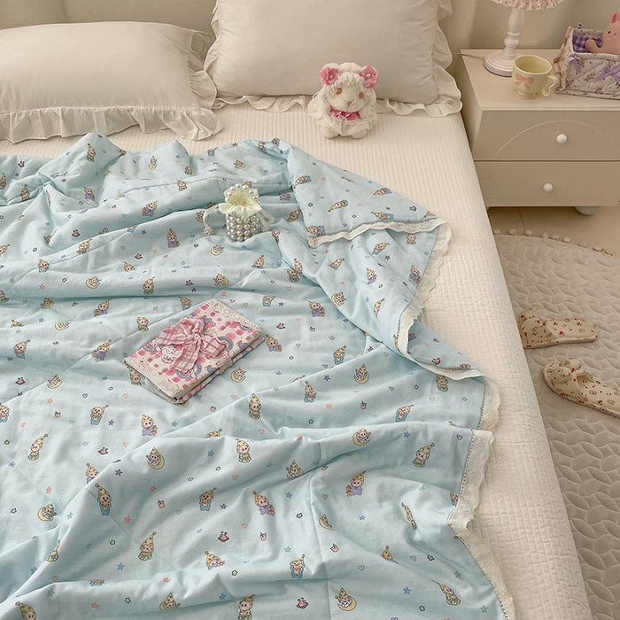 91家纺网 家纺一手货源 找家纺 yyds网供 2026新款A类法式花卉小清新全棉纯棉双层纱花边夏被夏凉被空调被 星月蓝