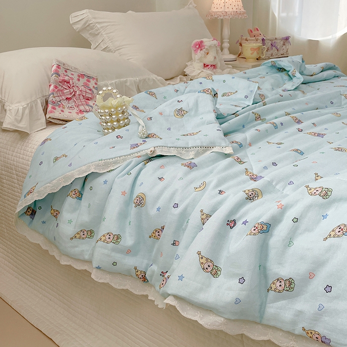 91家纺网 家纺一手货源 找家纺 yyds网供 2026新款A类法式花卉小清新全棉纯棉双层纱花边夏被夏凉被空调被 星月蓝