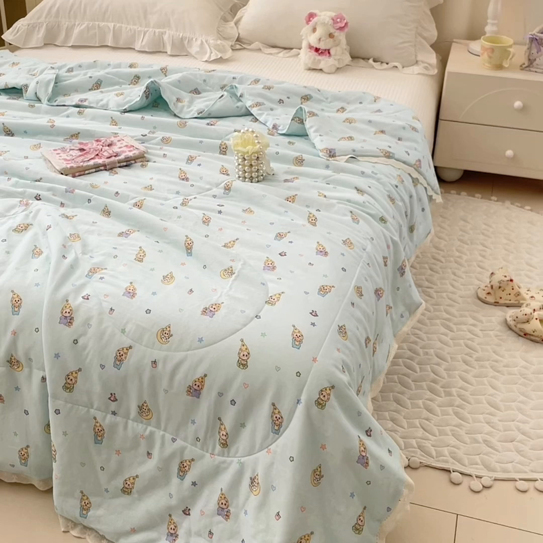 91家纺网 家纺一手货源 找家纺 yyds网供 2026新款A类法式花卉小清新全棉纯棉双层纱花边夏被夏凉被空调被 星月蓝