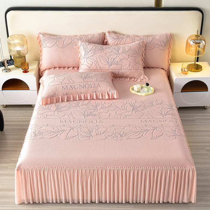 91家纺网 家纺一手货源 找家纺 诺梵家纺 2026新款 pe 乙纶立体提花凉豆豆席凉席床裙款【控价1.5米119 ；1.8米129；2.0米139】半夏-粉