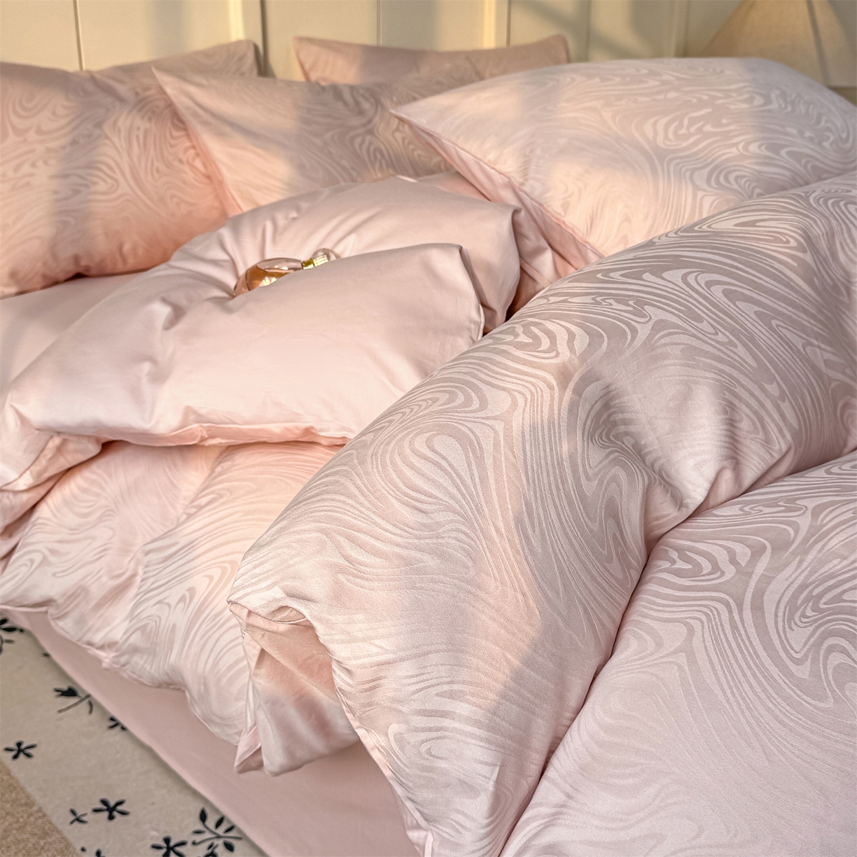 灰鲸 2026新款全棉纯棉厚织贡缎大提花四件套 浮岚-蜜春粉