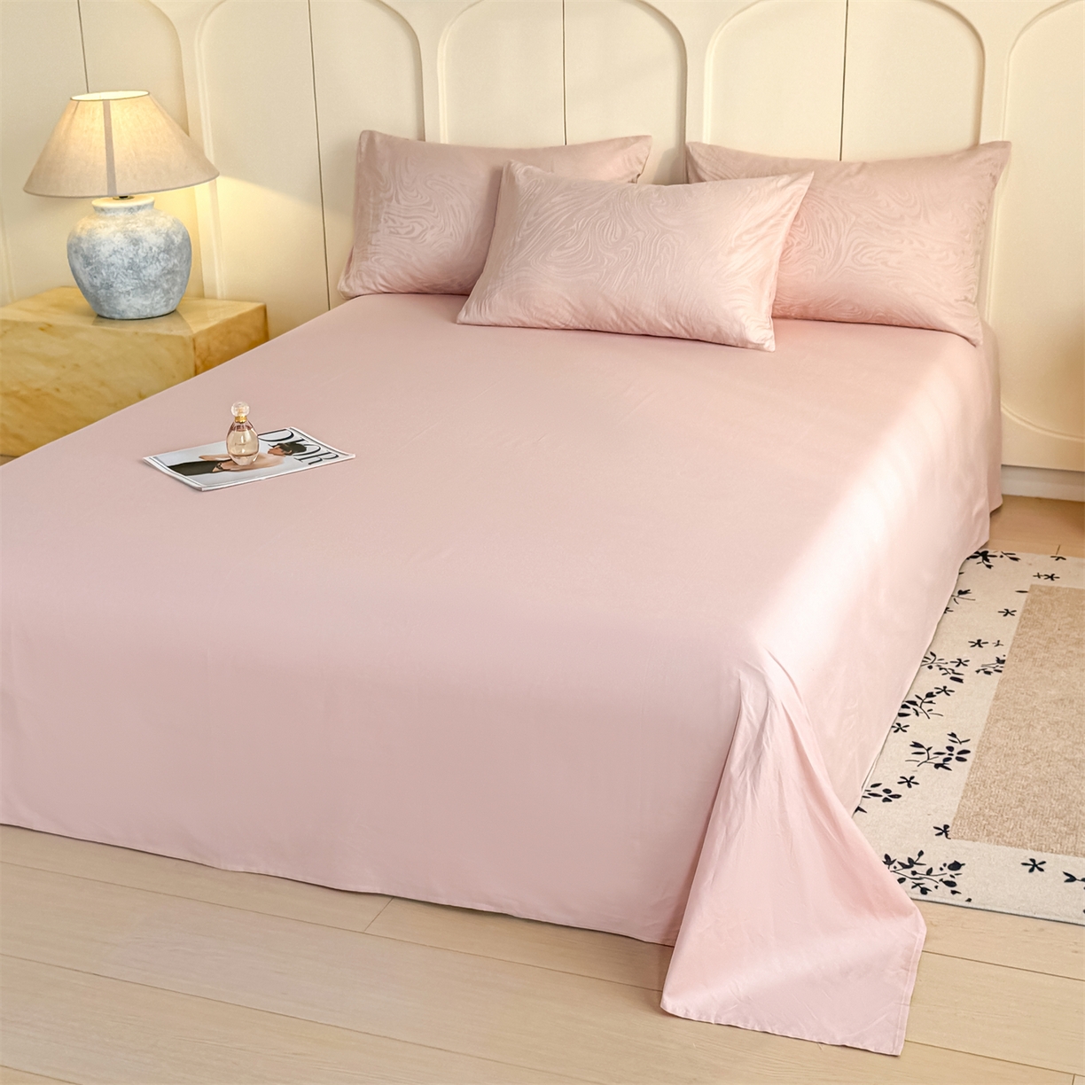 91家纺网 家纺一手货源 找家纺 灰鲸 2026新款全棉纯棉厚织贡缎大提花四件套 浮岚-蜜春粉