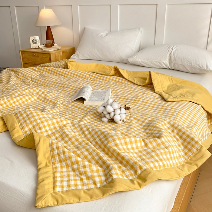 91家纺网 家纺一手货源 找家纺 yyds网供 2026新款无印格子A类里外全棉纯棉水洗棉新疆棉花夏被夏凉被空调被 黄小格